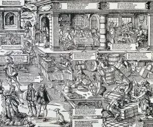 Woodcut Prints: Bank, Economy and Trade, German engraving of the 17th c