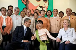 Burma Prints: Barack Obama and Hillary Rodham Clinton with Aung San Suu Ky