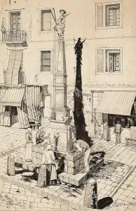 Barcelonese Prints: Barcelona (1887). Padr Square. Fountain and monument to Saint Eulalia