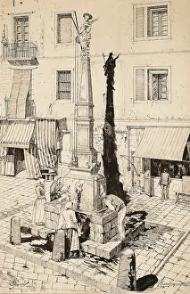 Barcelona (1887). Padro Square. Fountain and monument to Saint Eulalia. Illustration by Arcadio Casanovas. Etching. SPAIN. Barcelona. Barcelona City History Museum. - M