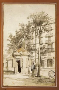 Litography Prints: Barcelona. Newsstands built in the crossroads of Diputacin and Girona streets
