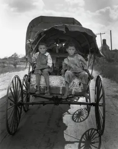 Families Prints: Barefoot children of migrant cotton pickers looking for work in Texas