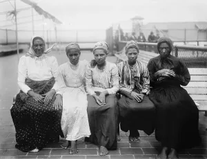 Ellis Island Prints: Barefoot women immigrants at Ellis Island are from the Caribbean. Ca. 1910