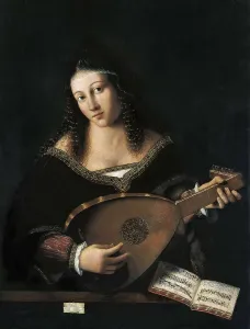 BARTOLOMEO VENETO (second half 15th-first half 16th). Lady Playing Lute. 1520. Renaissance art. Cinquecento. Venetian school. Oil on wood. ITALY. Milan. Pinacotheca of Brera