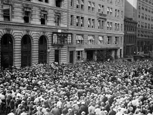 Spectator Prints: Baseball. A crowd watches the score board of the Washington Star newspaper as the Washington Senators battle the New