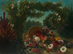 Garden Prints: BASKET OF FLOWERS, by Eugene Delacroix, 1848-49, French painting, oil on canvas