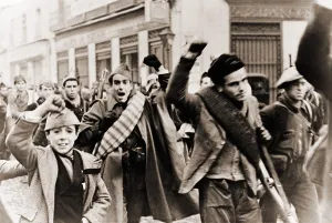 Anti Fascists Prints: Battalion of Republican (anti-Franco) shock troops marching in Madrid during Spanish Civil War