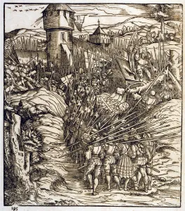 Prints: Battle of the early 16th century, showing troops advancing on a fortress