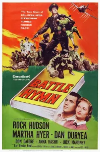 Films By Douglas Sirk Prints: BATTLE HYMN, US poster art, bottom from left: Rock Hudson, Martha Hyer, 1957