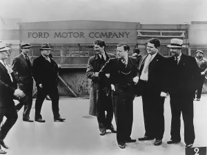 Michigan Prints: Battle of the Overpass at Ford River Rouge plant. Ford thugs vs. UAW. May 1937