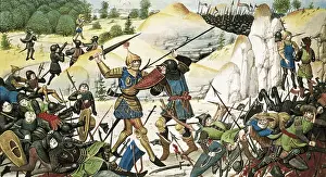 Battle of Roncevaux Pass (778). Knight Roland's death. Illuminated manuscript (14th c.). Gothic art. Miniature Painting. FRANCE. Paris