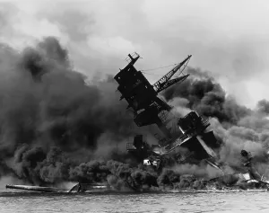 Hawaii Prints: The battleship USS ARIZONA sinking after being hit by Japanese air attack on Dec