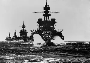 Lcgr1311 Prints: Battleship USS Pennsylvania is followed by three cruisers