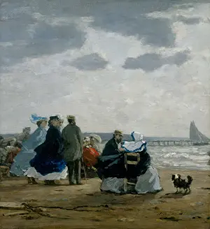 Coast Prints: On the Beach, Dieppe, by Eugene Boudin, 1864, French impressionist painting, oil on wood