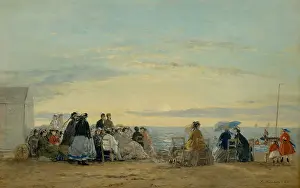 Coast Prints: On the Beach, Sunset, by Eugene Boudin, 1865, French impressionist painting, oil on wood