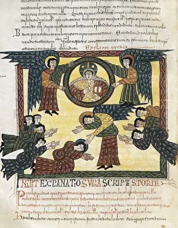 Beatus of Liebana. 10th c. Sheet 150. Death of the Beast and the enemies of God. Mozarabic art. Miniature Painting. SPAIN. San Lorenzo de El Escorial