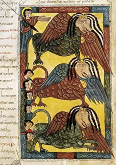 Beatus of Liebana. 10th c. Sheet 150. Death of the Beast and the enemies of God. Mozarabic art. Miniature Painting. SPAIN. San Lorenzo de El Escorial