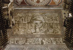 BECCAFUMI, Domenico (1484-1551). Moses Showing the Tables of the Law. 1517-1546. ITALY. Siena. Cathedral. Renaissance art. Cinquecento. Mosaic