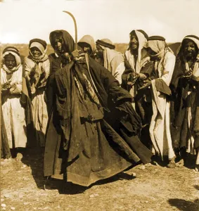 Folk Prints: Bedouin maiden performing traditional sword dance. Palestine, 1919