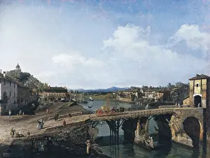 BELLOTTO, Bernardo (1720-1780). View of an Old Bridge Over the River Po, Turin. ca. 1745. Rococo. Oil on canvas. ITALY. Turin. Galleria Sabauda (Sabauda Gallery)