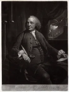 1760s Prints: Ben Franklin, seated at desk, next to an electrical device