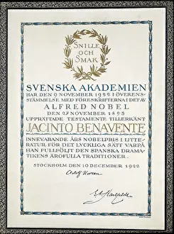 BENAVENTE, Jacinto (1866-1954). Nobel prize awarding diploma. Private Collection. AISA/Everett Collection**US SALES ONLY**