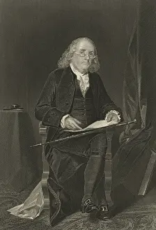 Papers Prints: Benjamin Franklin, holds a document while seated in a chair