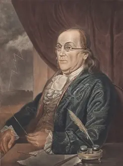 Storm Prints: Benjamin Franklin, holds the tip of a pointed lightning rod