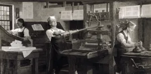 Printing Press Prints: Benjamin Franklin the printer. Illustration of Ben Franklin as a young man operating his printing press in Philadelphia