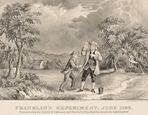 Lcgr1905 Prints: The Benjamin Franklin and his son William Franklin experiment with lightning and electricity in 1852