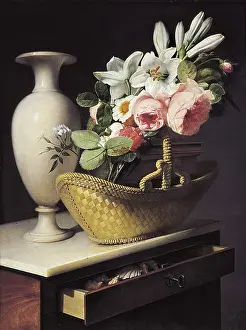 1814 Prints: BERJON, Antoine (1754-1843). Bouquet of Lilies and Roses in a basket