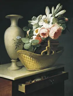 1814 Prints: BERJON, Antoine (1754-1843). Bouquet of Lilies and Roses in a basket