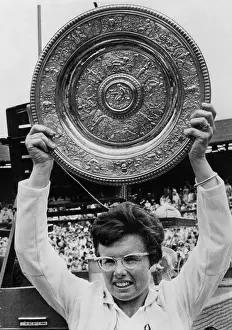Tennis Prints: Billie Jean King holding Wimbledon trophy earned in Wimbledon