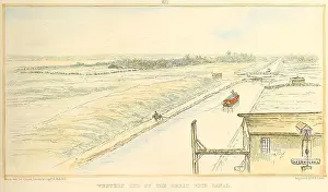 Transport Prints: Bird's-eye view of a canal boat traveling on the western end of the Erie Canal between Rochester and Middleport