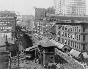 Public Transportation Prints: Bird's-eye view of Chicago's Wabash Avenue, showing elevated railroad, ca. 1907