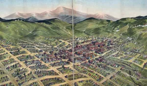 Mining Prints: Birds eye view of Cripple Creek, Colorado. Drawn by Augustus Koch. color lithograph, 1896
