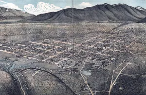Mining Prints: Birds eye view of Leadville, Colorado. Drawn by Augustus Koch. color lithograph, 1879
