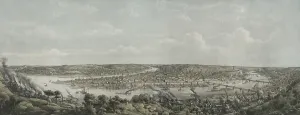 Riverboats Prints: Bird's-eye view of Pittsburgh at the confluence of the Monongahela, in the foreground