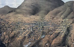Mining Prints: Birds eye view of Virginia City, Nevada. Drawn by Augustus Koch. color lithograph, 1875