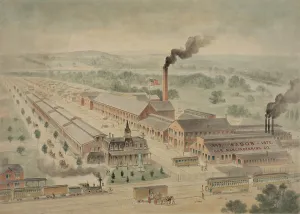 Industrial Revolution Prints: Bird's-eye view of the Wason railroad car manufacturing company facilities at Springfield