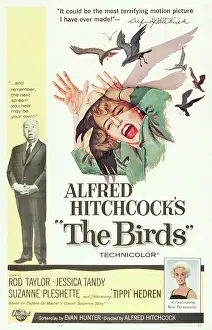 1963 Movies Prints: THE BIRDS, from left, Alfred Hitchcock, Jessica Tandy (illustration), Tippi Hedren, 1963