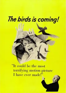 THE BIRDS, top: Tippi Hedren, bottom right: Alfred Hitchcock on Canadian poster art, 1963