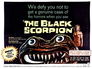 Fangs Prints: THE BLACK SCORPION, on right: Mara Corday; half-sheet poster, 1957