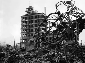 Japanese Prints: The blasted Chuguko Press building along Hiroshima's main street shortly after the blast