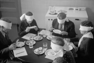 Blind Prints: Blindfolded meat testers sampling meats produced on an experimental farm in Prince George's County