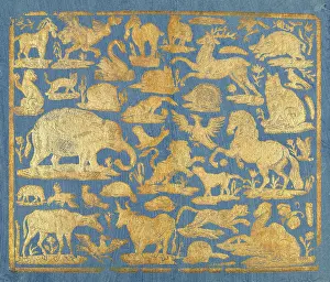Donkey Prints: Blue brocade paper decorated with gold animals