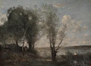 Romanticism Prints: BOATMAN AMONG THE REEDS, by Camille Corot, 1865, French painting, oil on canvas