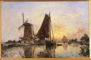 Windmill Prints: Boats by the Mill, by Unknown Artist