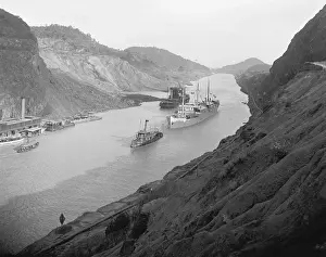 Panama Prints: Boats move through Panama Canal at the Culebra Cut (Gaillard Cut)