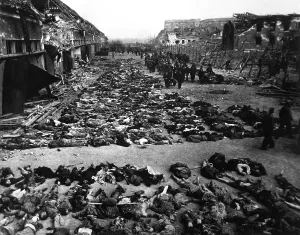 Genocide Prints: Bodies of dead inmates fill the yard of Nordhausen